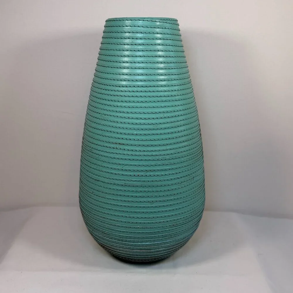 CRATE & BARREL Aqua Leather Spiral Wrapped Tall Vase Decor 10.5